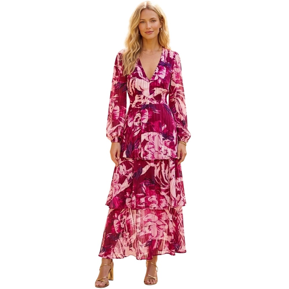 Rachel Rachel Roy Pink Magenta Floral Metallic Tiered Maxi Dress Size‎ 4 NEW